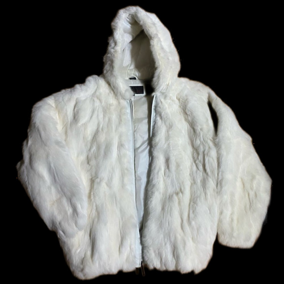 Phase Two White Rabbit Fur Jacket Leather Trim  Size Medium Womens Winter Coat - Picture 1 of 14